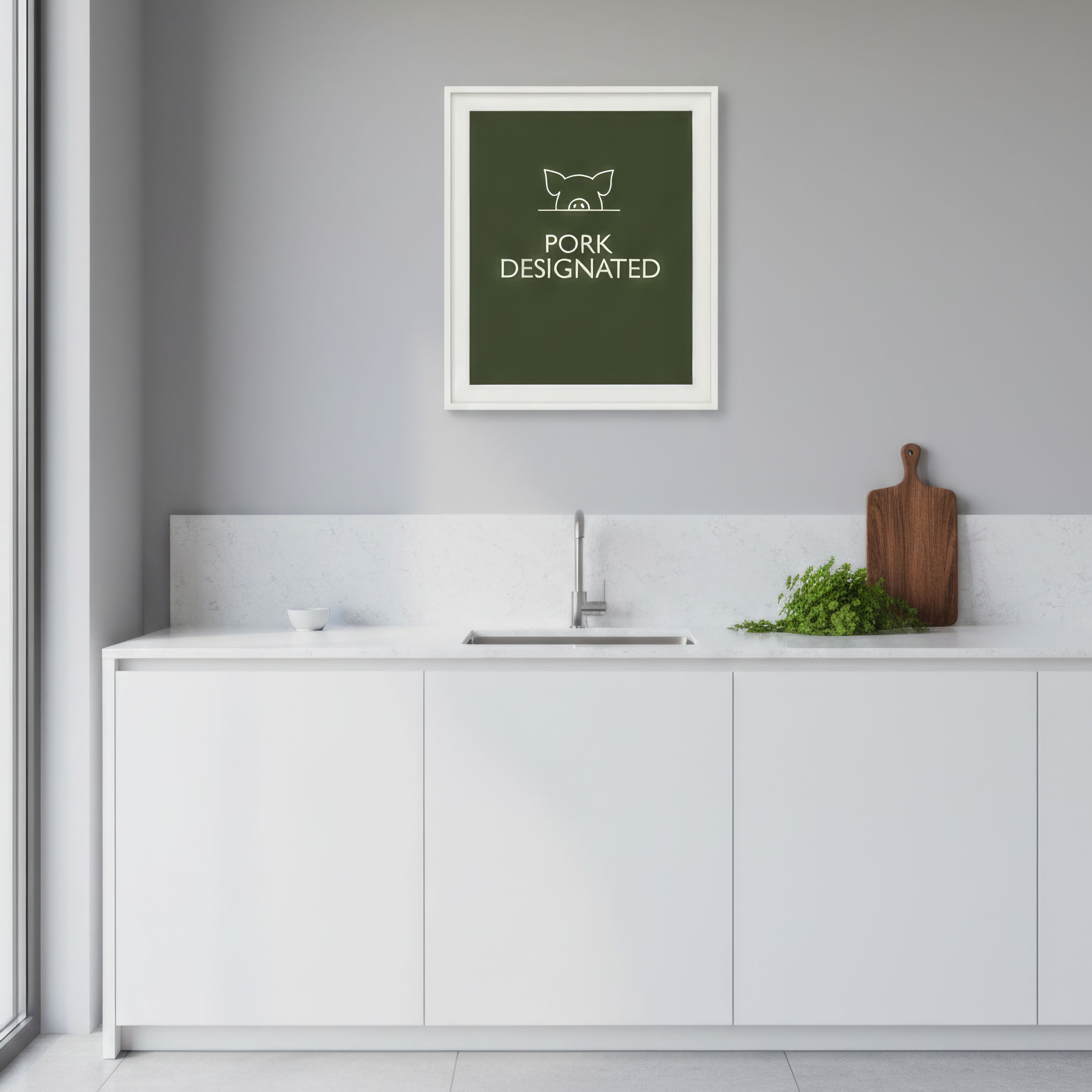 PORK DESIGNATED typography poster displayed in modern minimalist interior